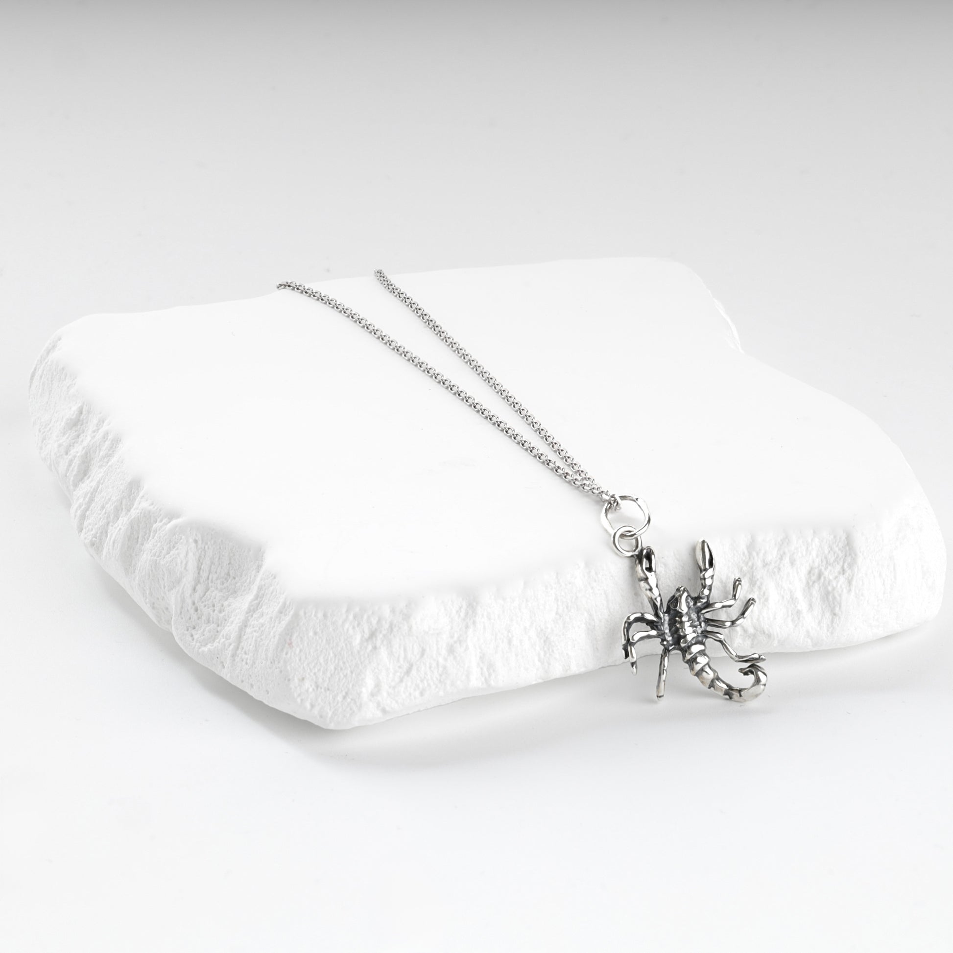 Silver 925 sculptural scorpion pendant, front view