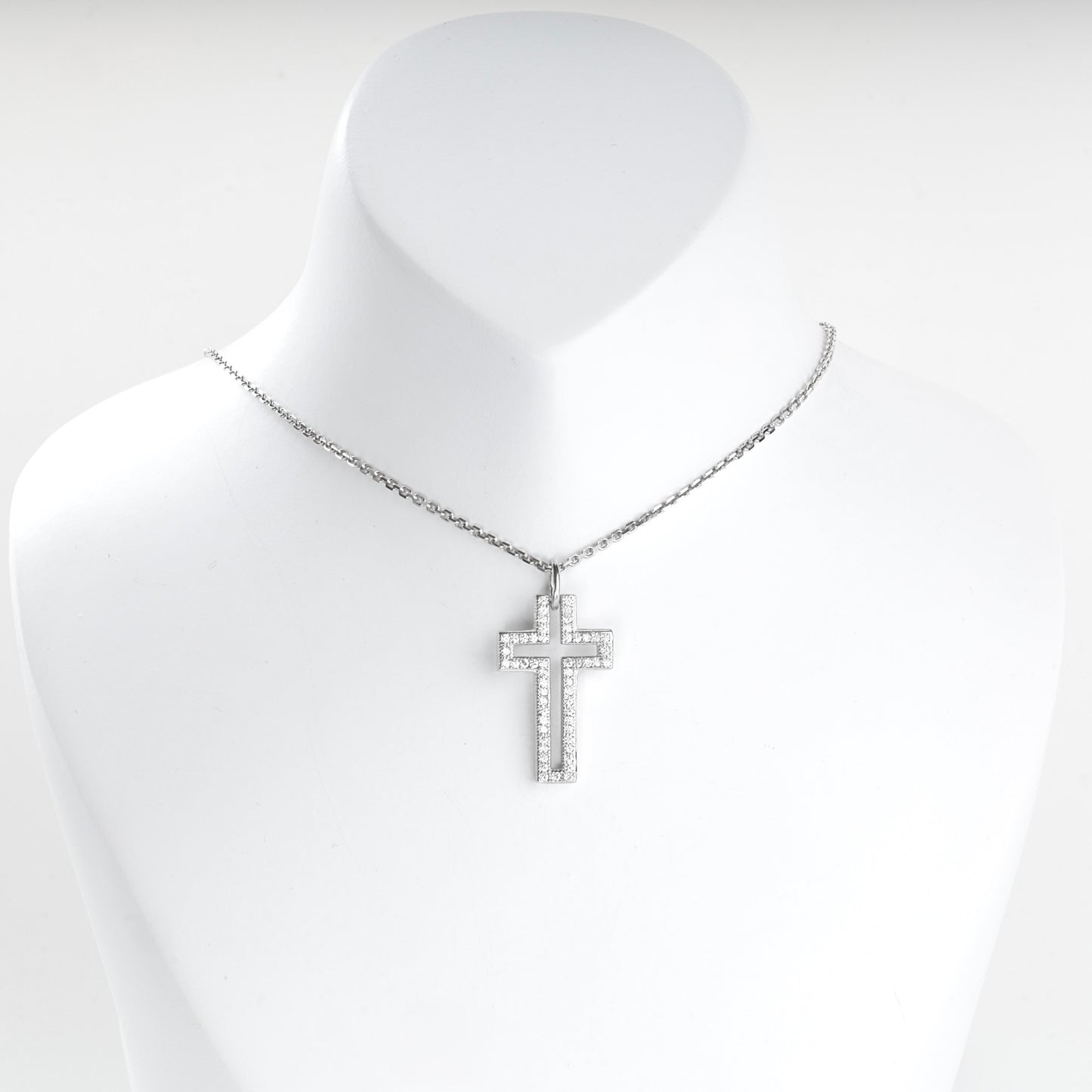 Rhodium-plated Silver 925 cubic zirconia open cross pendant, front view — Kabluchka