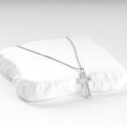 Rhodium-plated Silver 925 cubic zirconia open cross pendant, styled view — Kabluchka