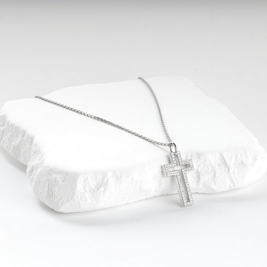 Rhodium-plated Silver 925 cubic zirconia open cross pendant, styled view — Kabluchka