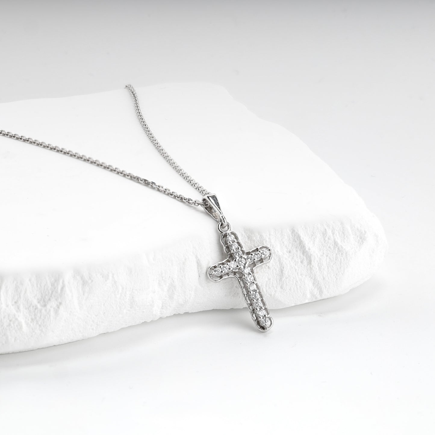 Rhodium-plated Silver 925 cubic zirconia cross pendant, product view 2 — Kabluchka