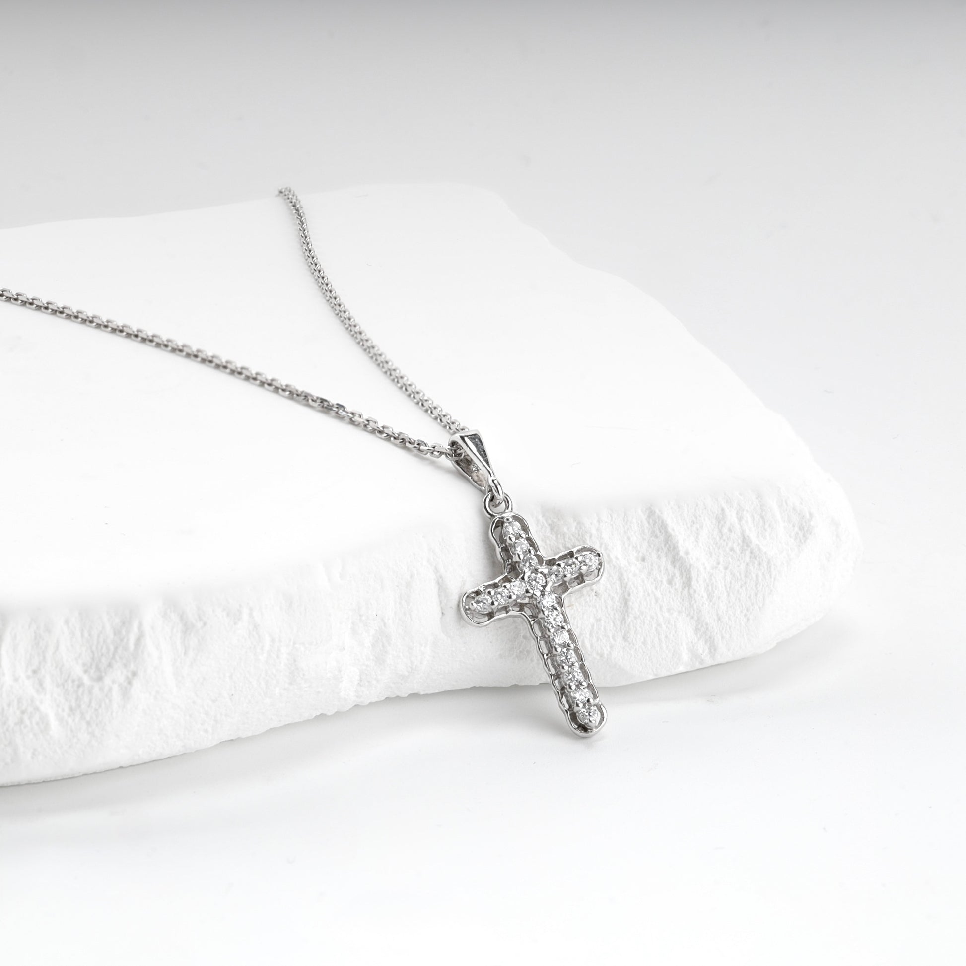 Rhodium-plated Silver 925 cubic zirconia cross pendant, product view 2 — Kabluchka
