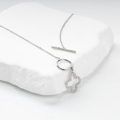 Rhodium-plated Silver 925 cubic zirconia clover toggle necklace, product view 2 — Kabluchka
