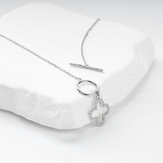 Rhodium-plated Silver 925 cubic zirconia clover toggle necklace, product view 2 — Kabluchka
