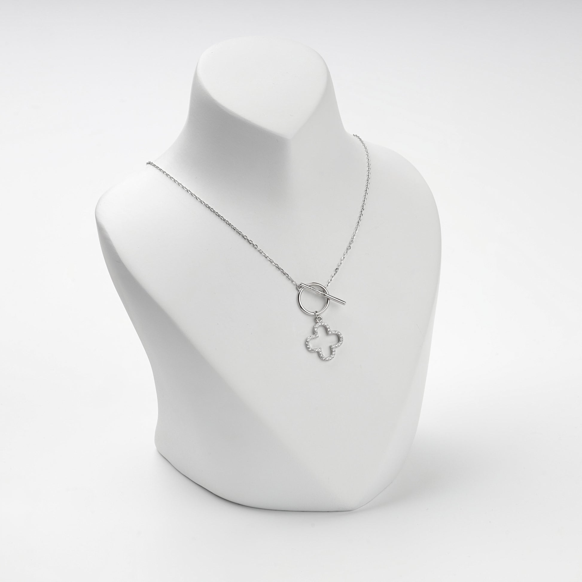 Rhodium-plated Silver 925 cubic zirconia clover toggle necklace, product view 5 — Kabluchka