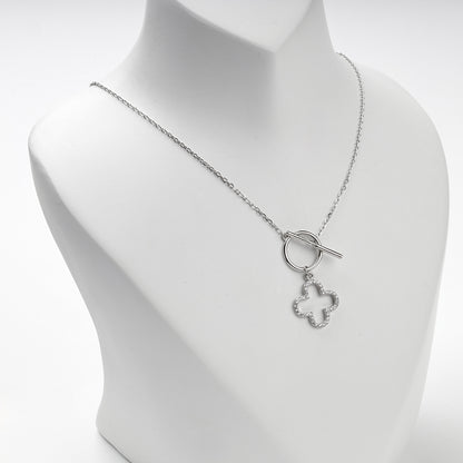 Rhodium-plated Silver 925 cubic zirconia clover toggle necklace, product view 1 — Kabluchka