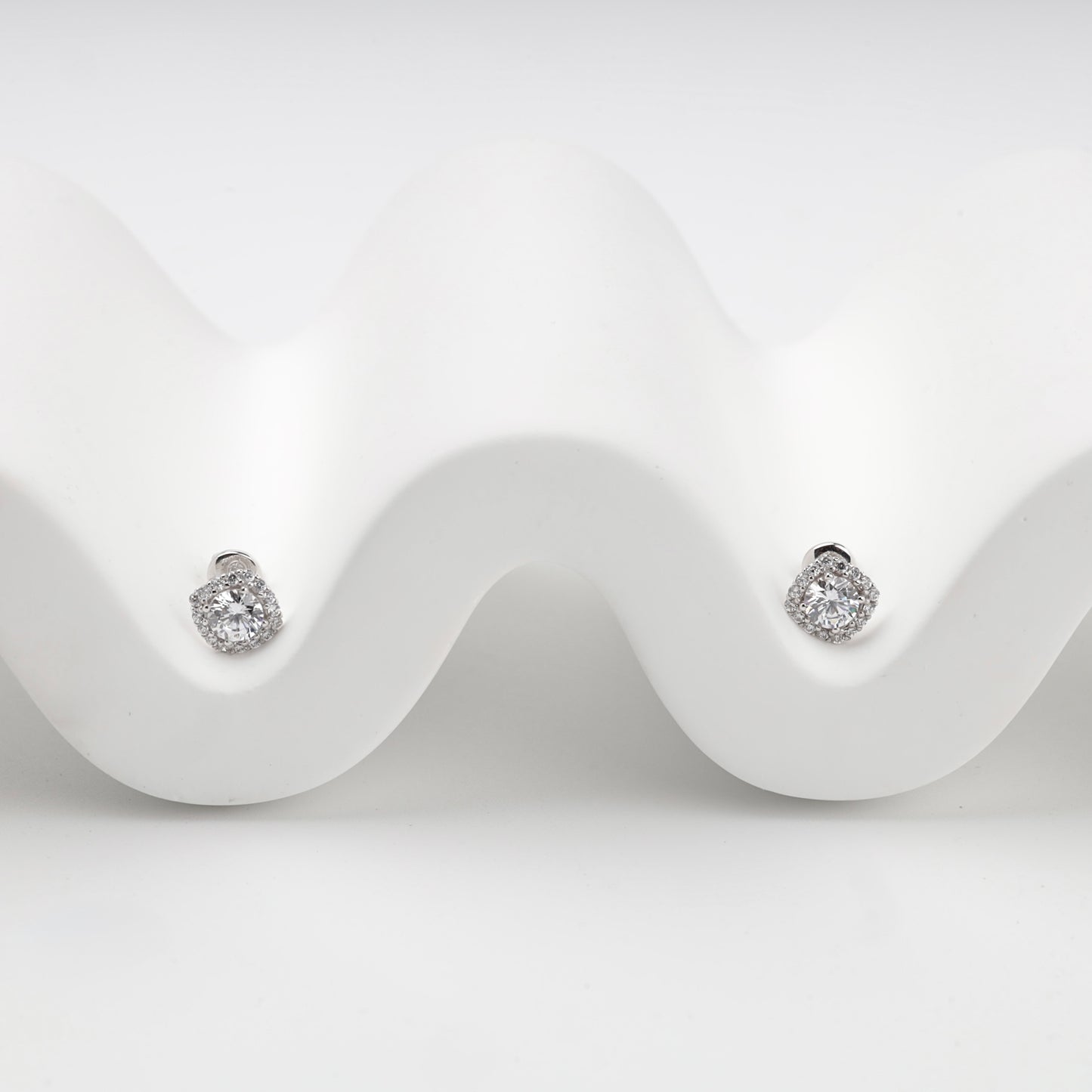 White Gold 14K cubic zirconia halo stud earrings, front view