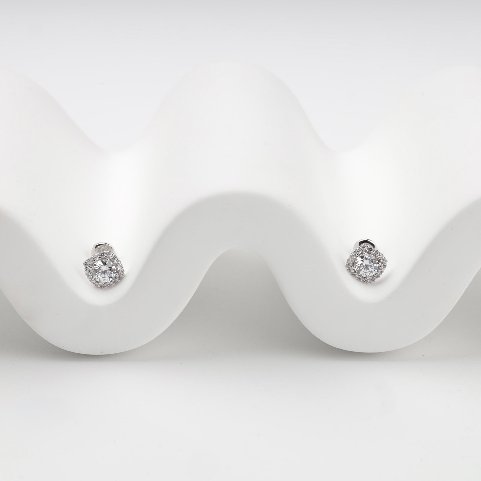 White Gold 14K cubic zirconia halo stud earrings, front view