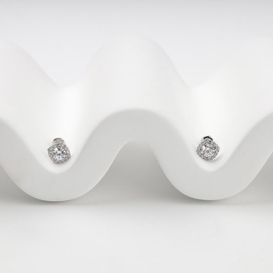 White Gold 14K cubic zirconia halo stud earrings, front view