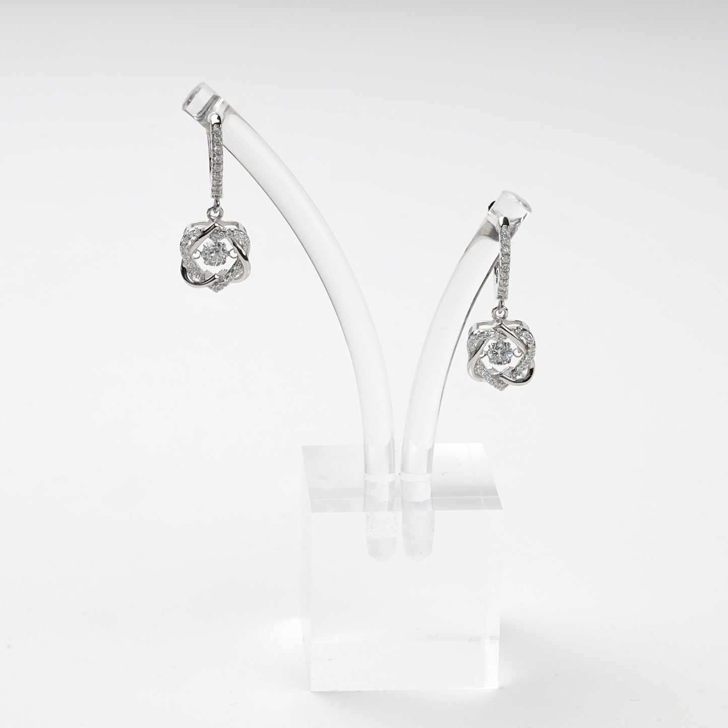 Rhodium-plated Silver 925 cubic zirconia floral drop earrings — display view — Kabluchka