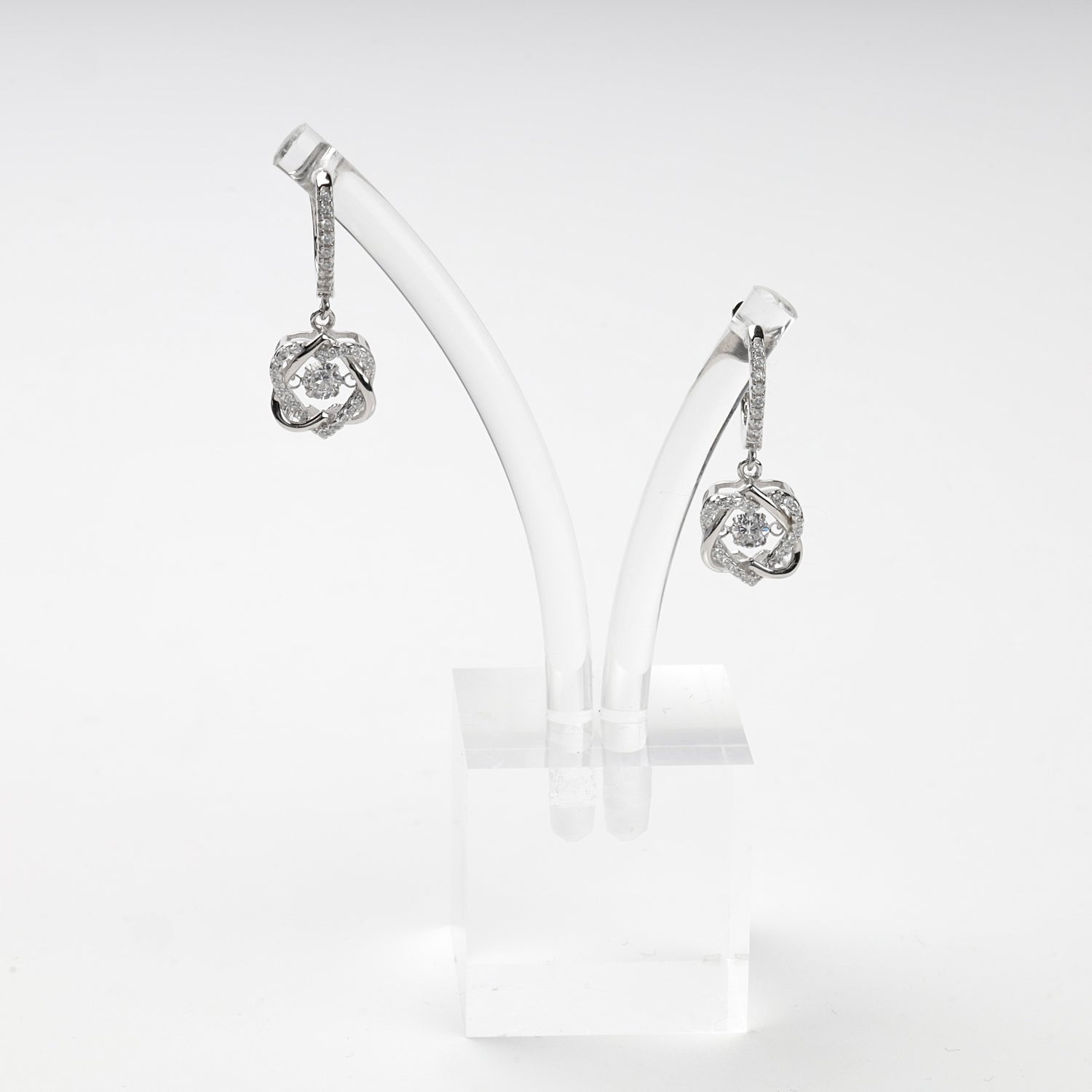 Rhodium-plated Silver 925 cubic zirconia floral drop earrings — display view — Kabluchka