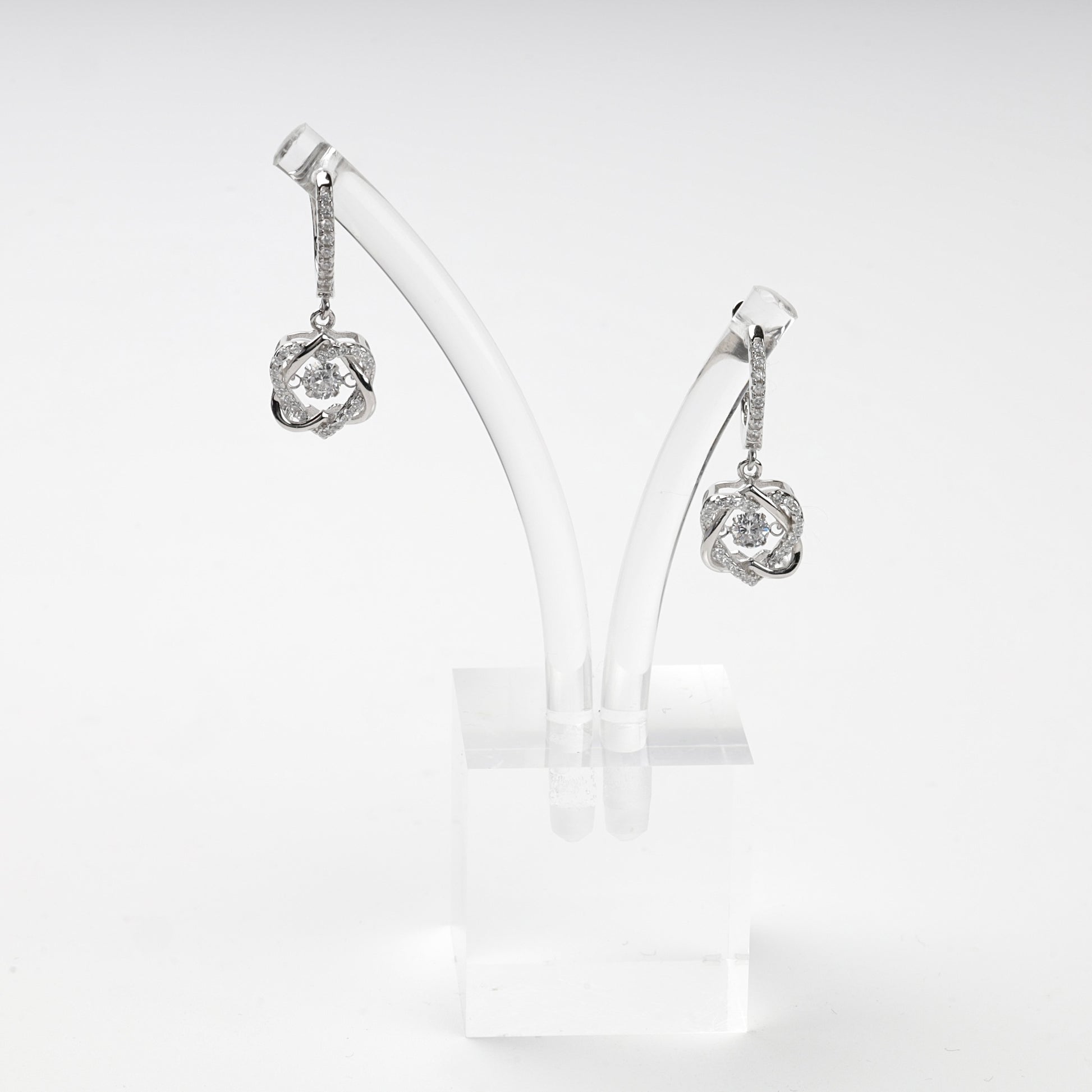 Rhodium-plated Silver 925 cubic zirconia floral drop earrings — display view — Kabluchka