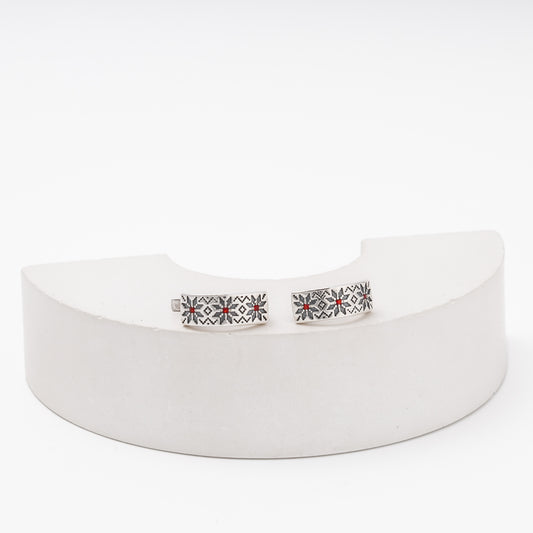 Silver 925 Vyshyvanka Earrings with Red CZ, 5016-ch, Kabluchka