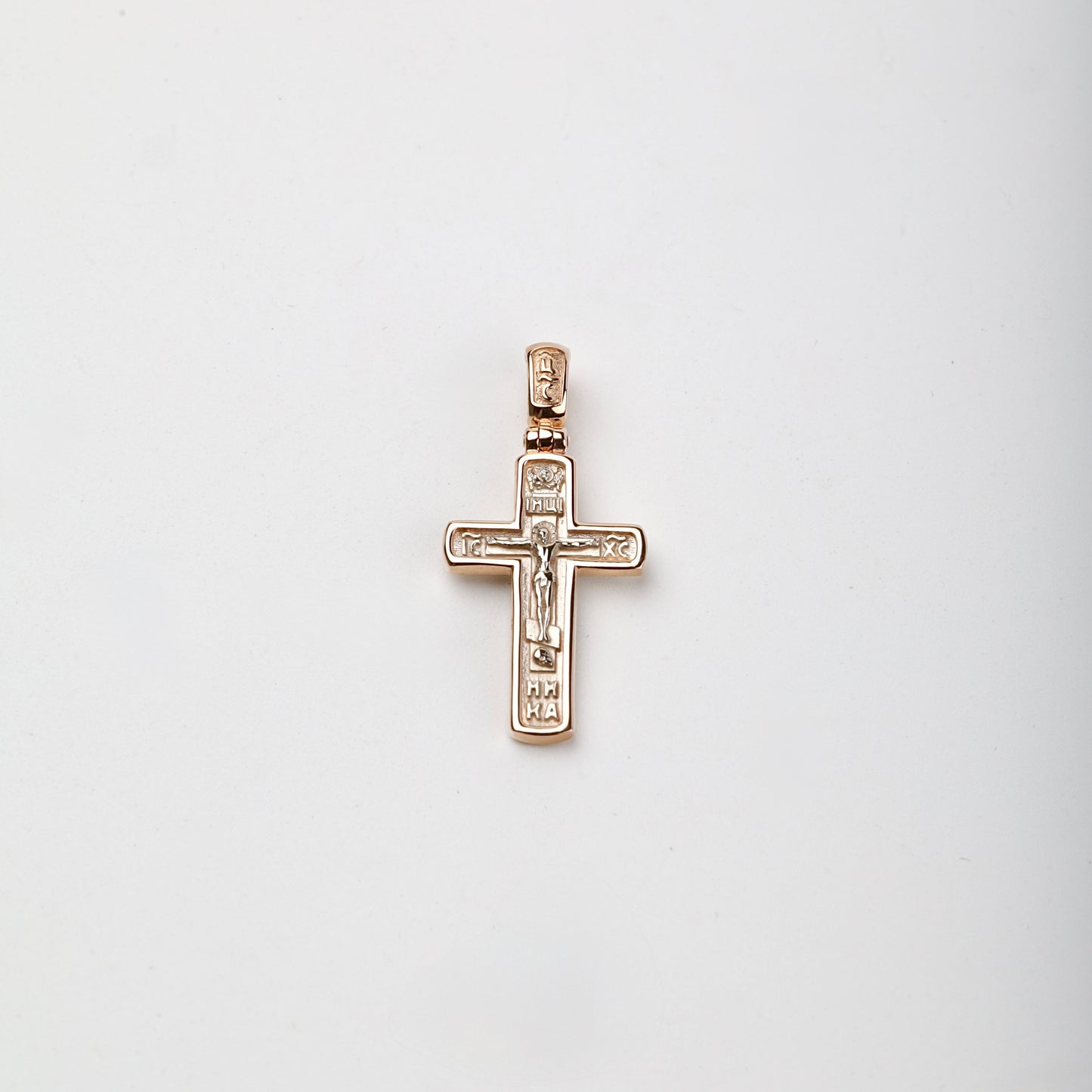 Two-tone Gold 14K Orthodox crucifix pendant, front view