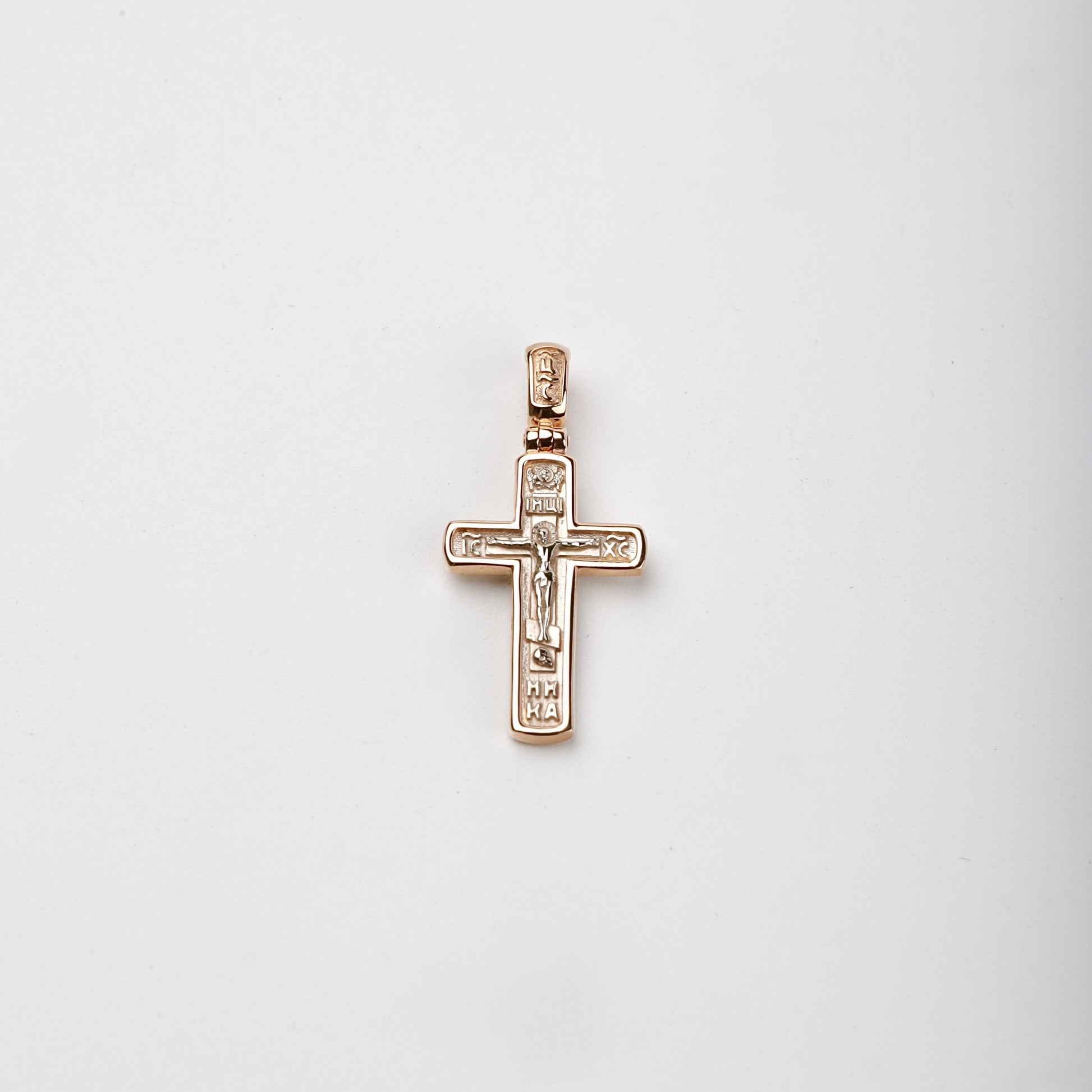 Two-tone Gold 14K Orthodox crucifix pendant, front view