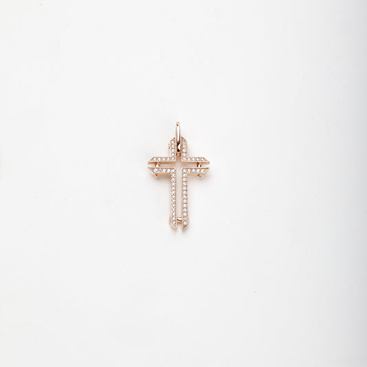 Rose Gold 14K (585) geometric cubic zirconia cross pendant, product view 1 — Kabluchka