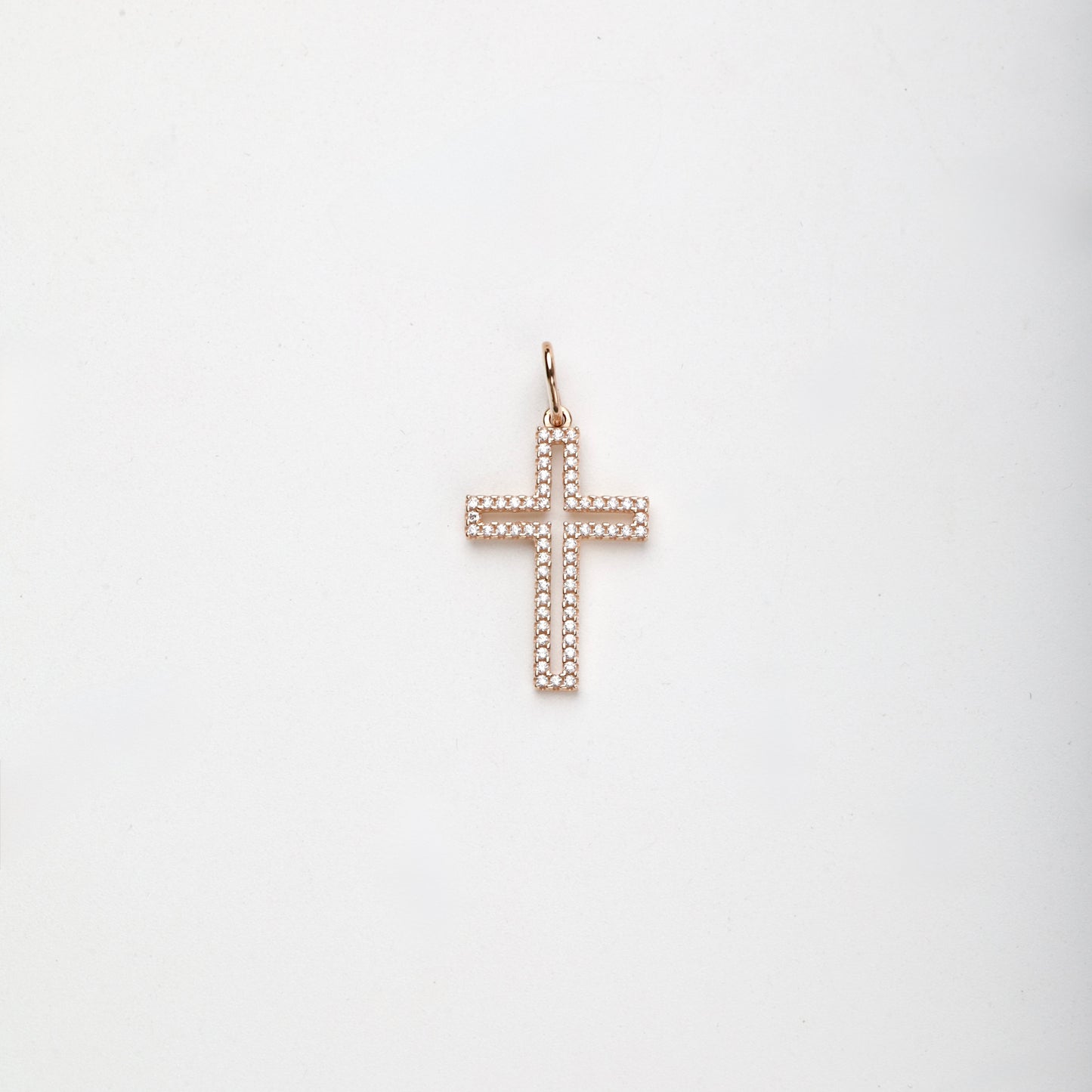 Rose Gold 14K (585) cubic zirconia outline cross pendant, product view 1 — Kabluchka