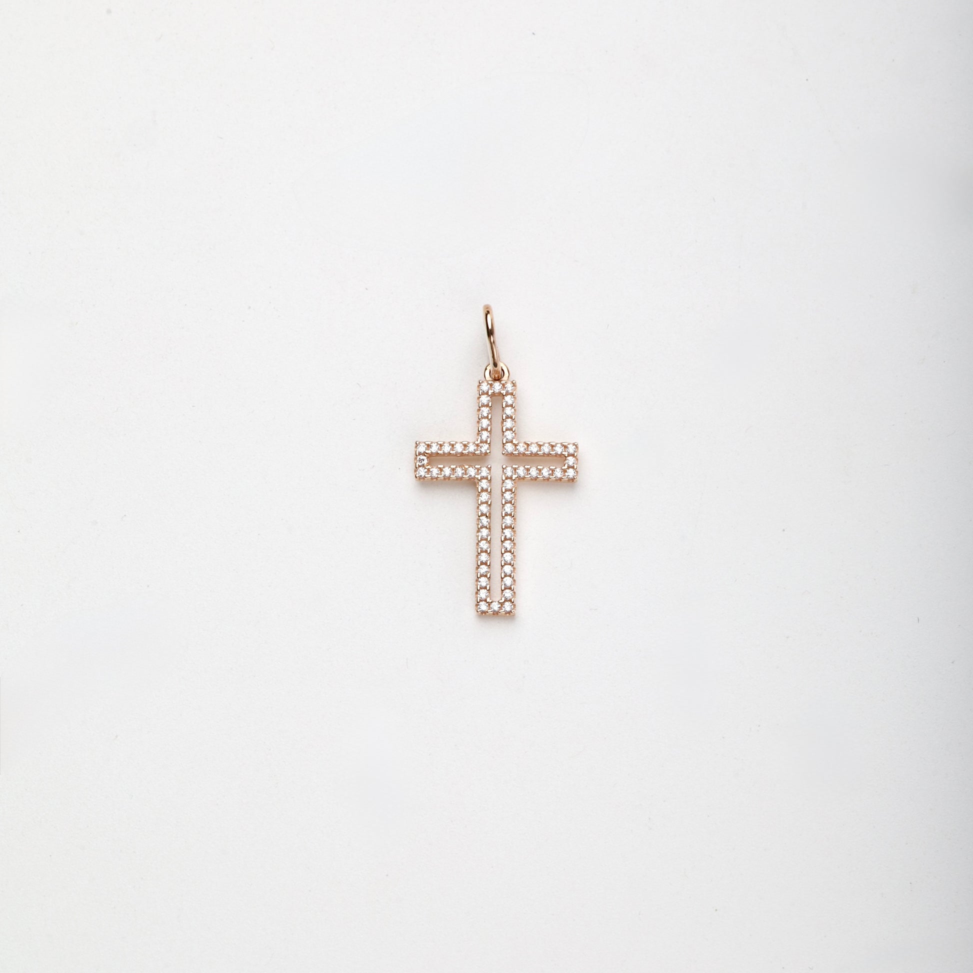 Rose Gold 14K (585) cubic zirconia outline cross pendant, product view 1 — Kabluchka