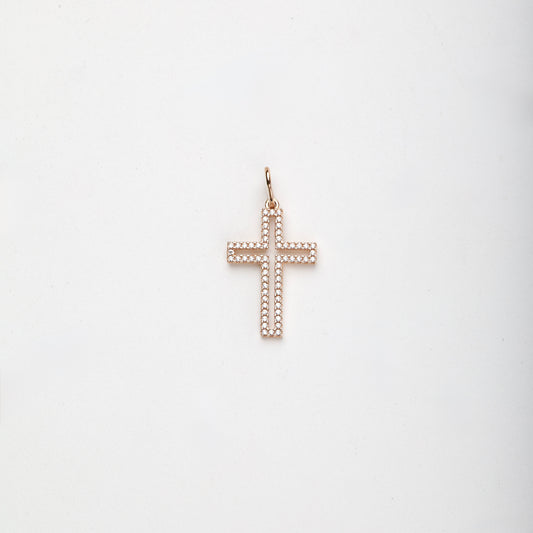 Rose Gold 14K (585) cubic zirconia outline cross pendant, product view 1 — Kabluchka