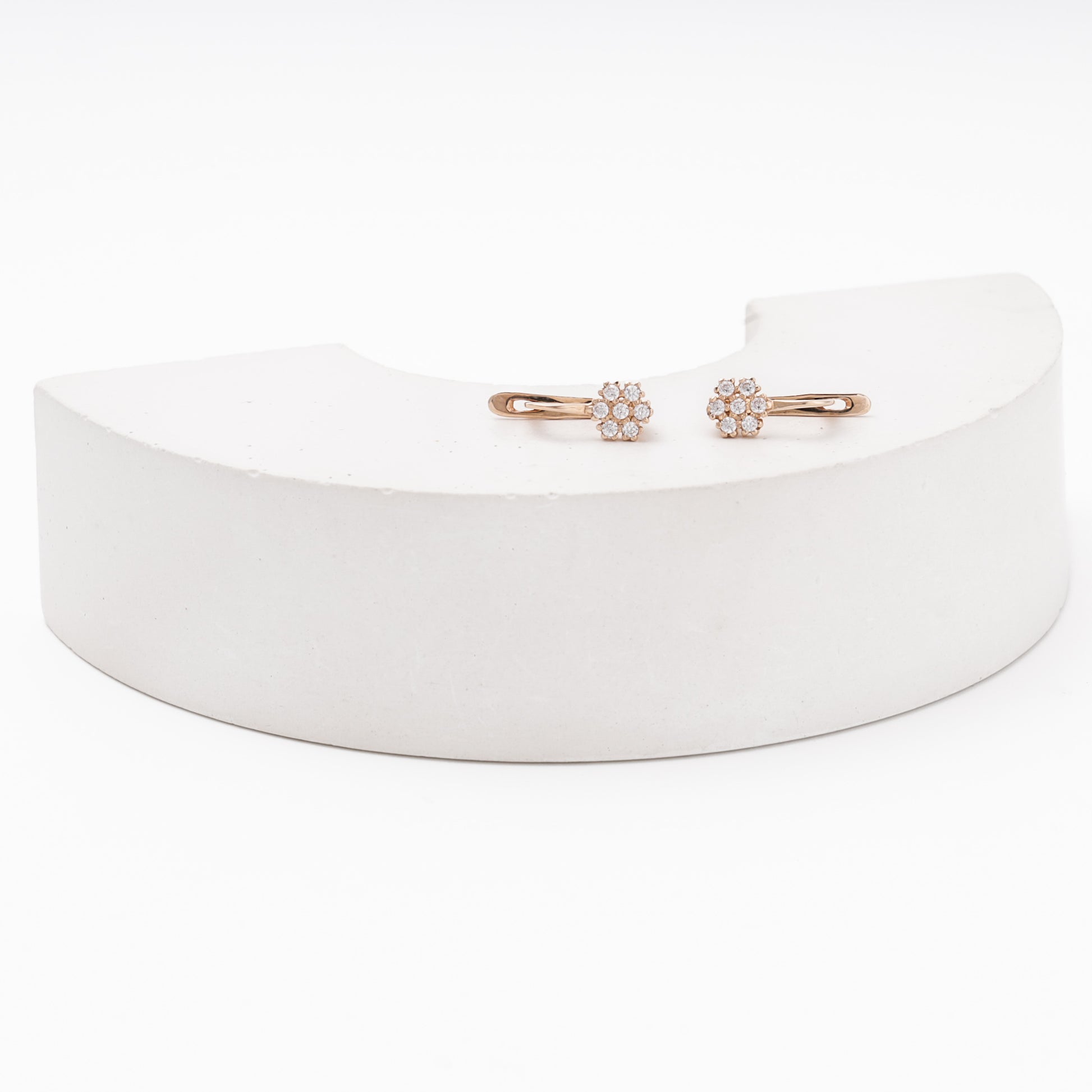 Rose Gold 585 CZ flower earrings — front view — Kabluchka