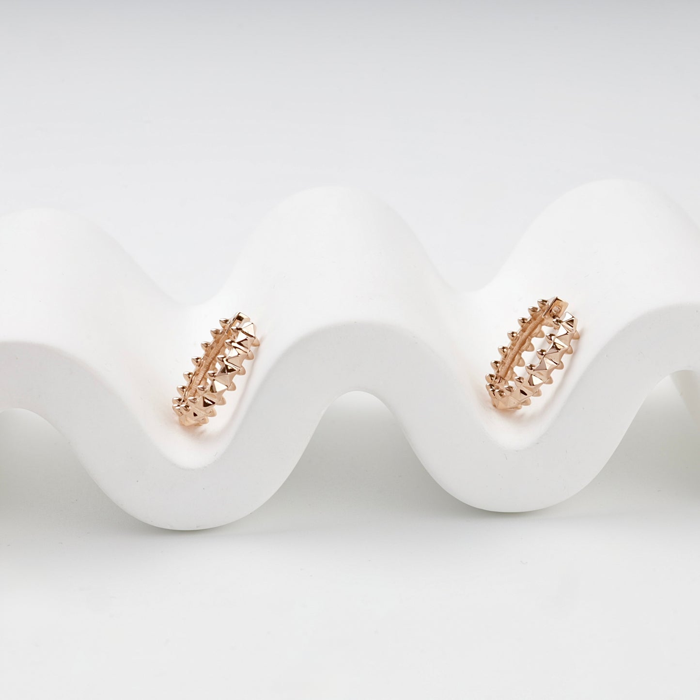 Rose Gold 14K pyramid stud hoop earrings, front view