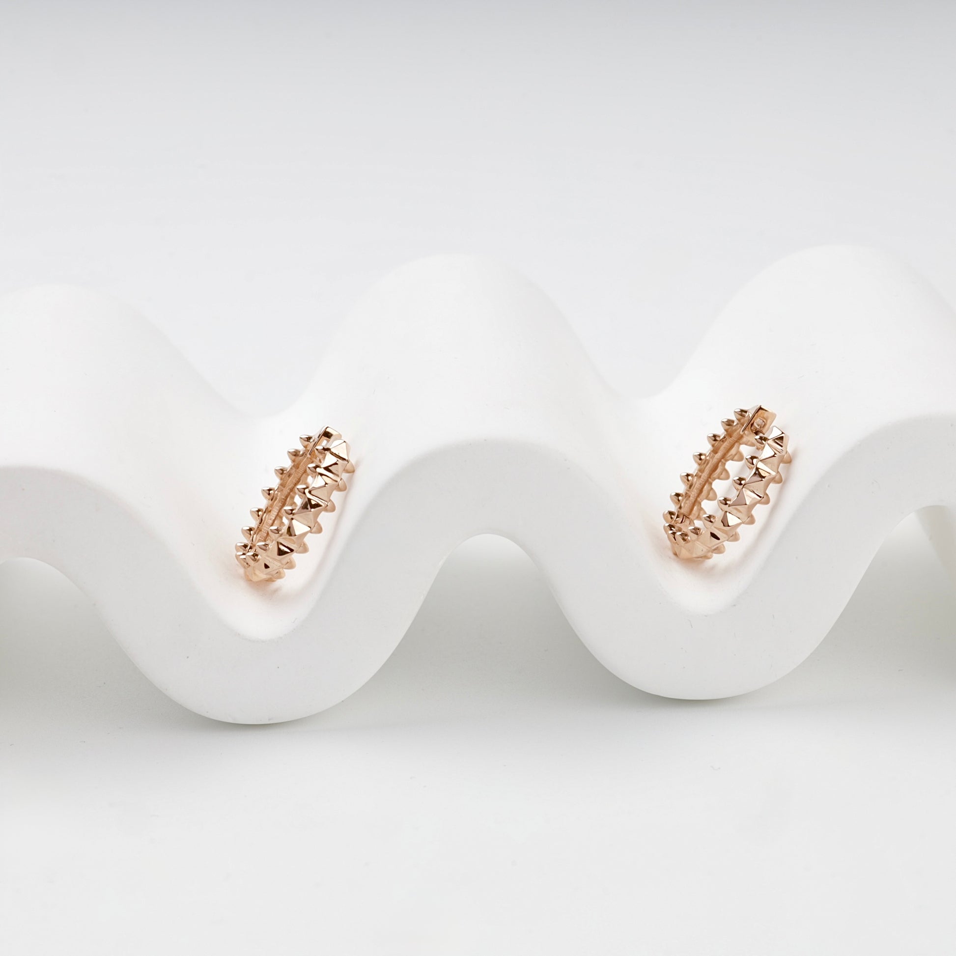 Rose Gold 14K pyramid stud hoop earrings, front view