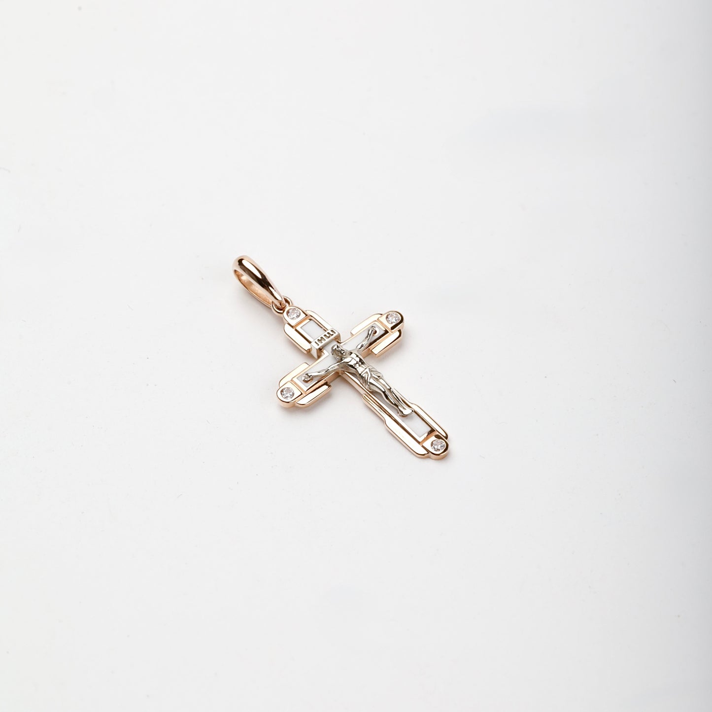 Two-tone Gold 14K white enamel crucifix pendant — Kabluchka
