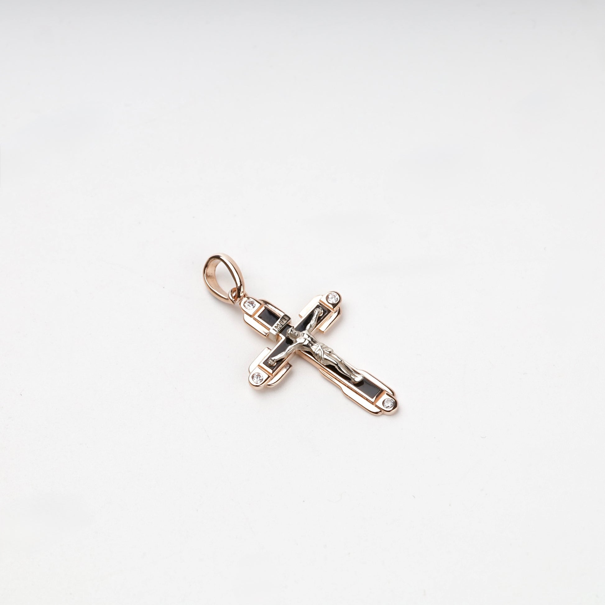 Two-tone Gold 14K black enamel crucifix pendant — Kabluchka