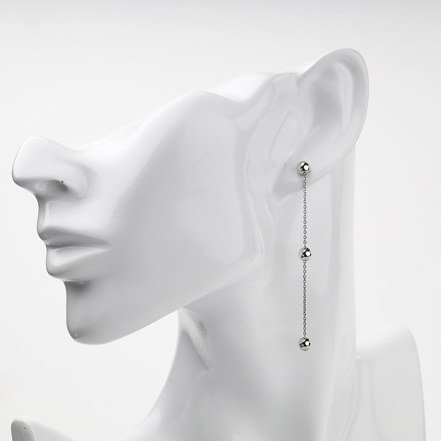 Rhodium-plated Silver 925 ball chain threader earrings on ear — Kabluchka