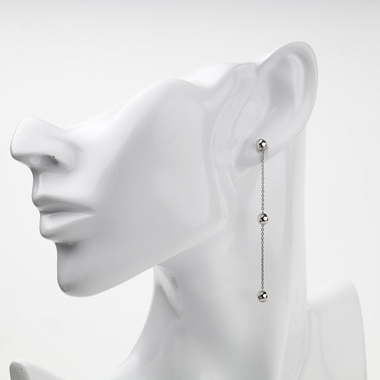Rhodium-plated Silver 925 ball chain threader earrings on ear — Kabluchka