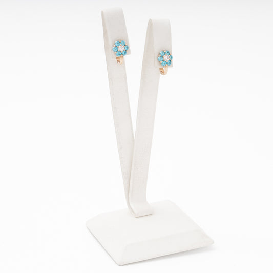 Rose gold 585 flower earrings with blue CZ petals and white center — Kabluchka