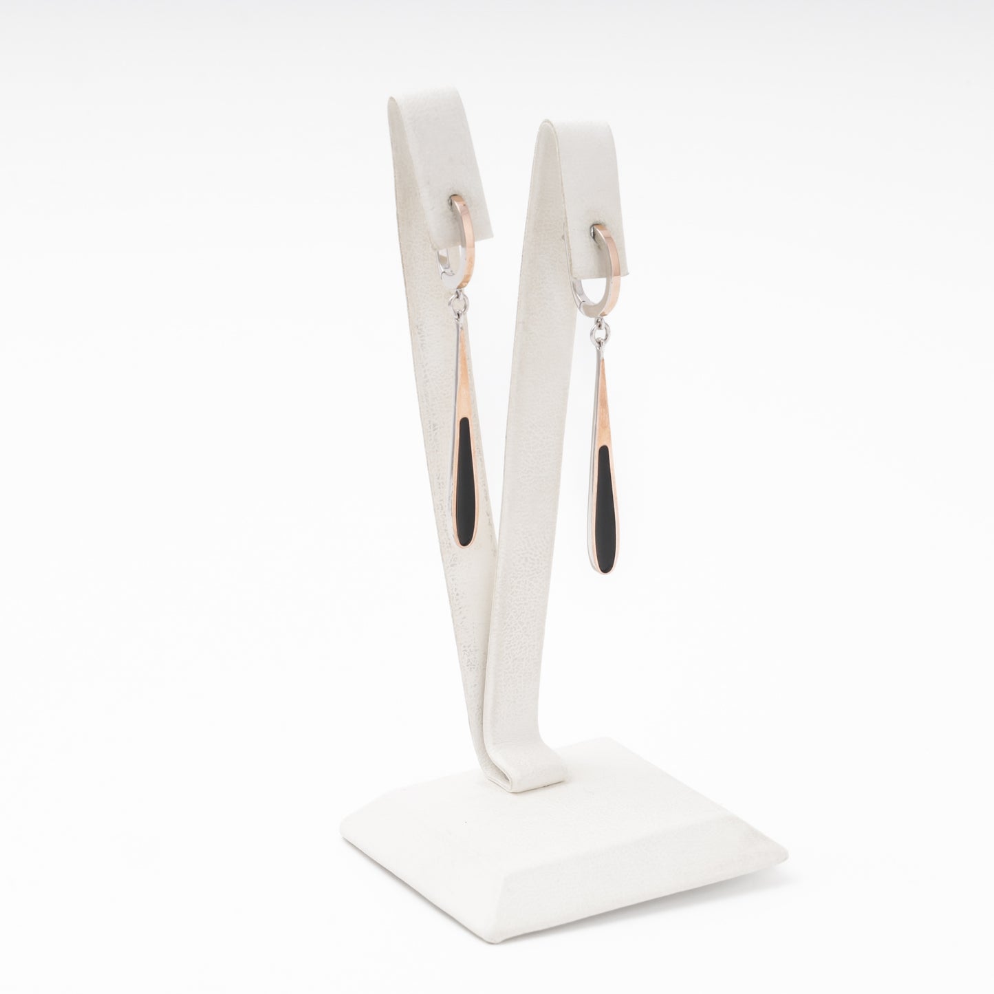 Teardrop drop earrings rose gold and black enamel — side view — Kabluchka