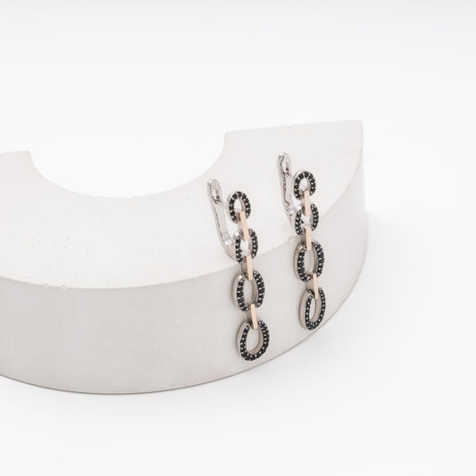 Two-tone silver drop earrings with black oval link design — Kabluchka