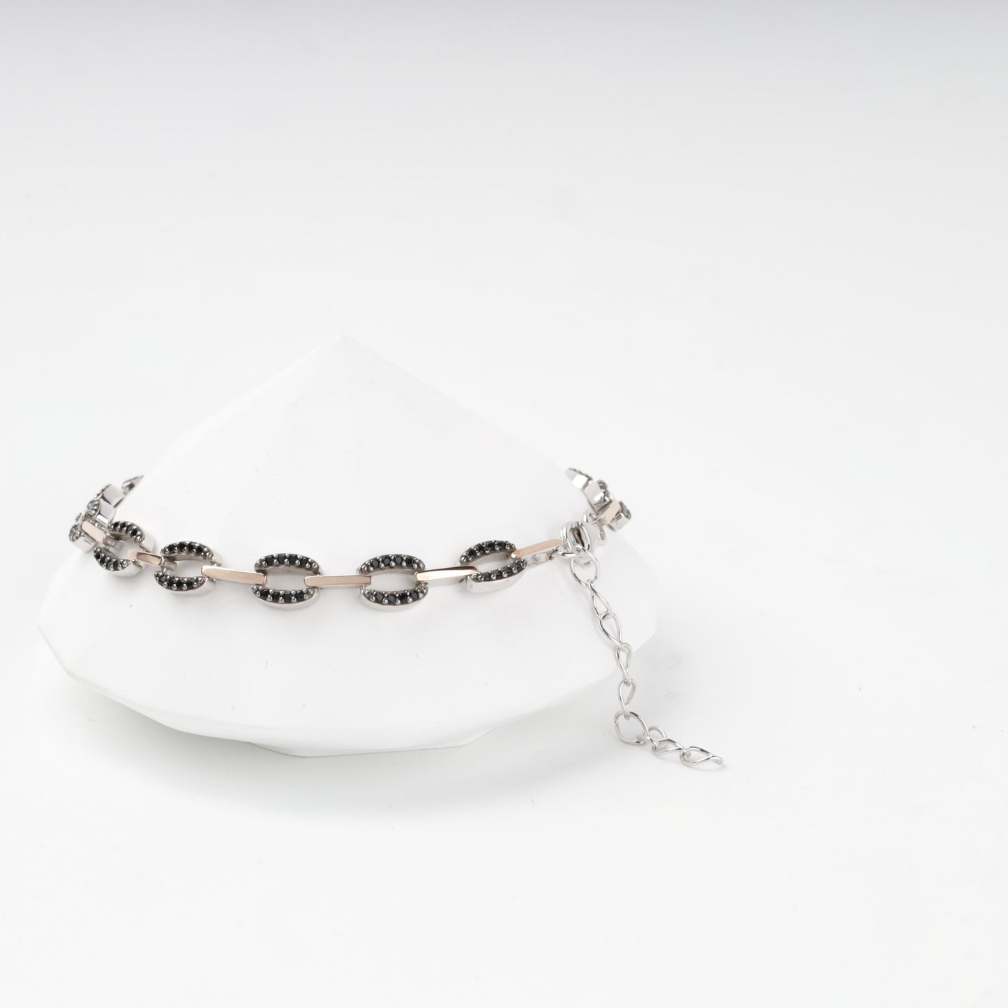 Black cubic zirconia oval link bracelet with extension chain — Kabluchka Jewelry Store