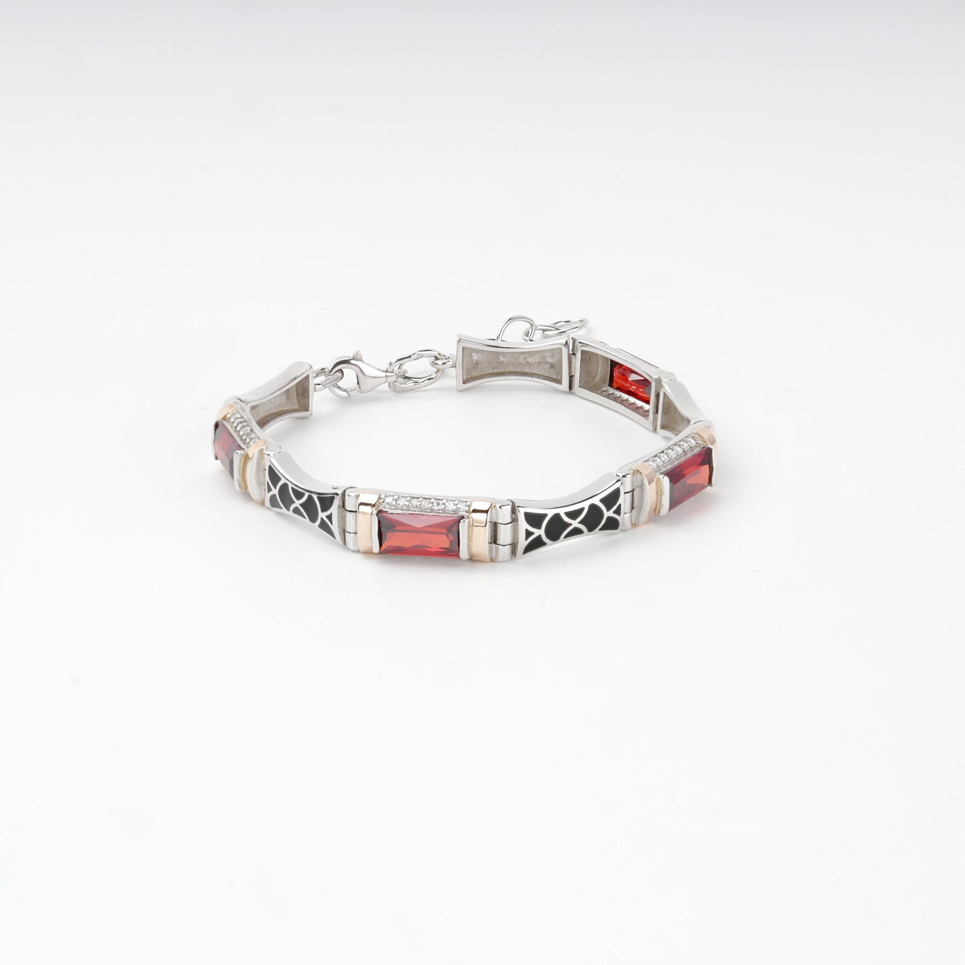 Rhodium-plated red stone link bracelet — open view — Kabluchka