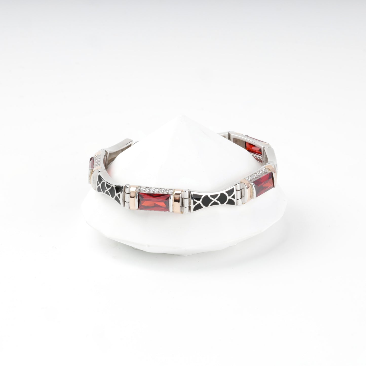Rhodium-plated Silver 925 and Gold 375 red cubic zirconia link bracelet — front view — Kabluchka