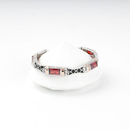 Rhodium-plated Silver 925 and Gold 375 red cubic zirconia link bracelet — front view — Kabluchka