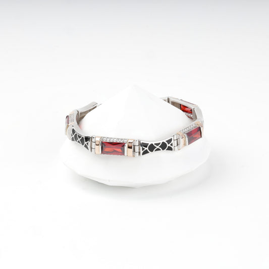 Rhodium-plated Silver 925 and Gold 375 red cubic zirconia link bracelet — front view — Kabluchka