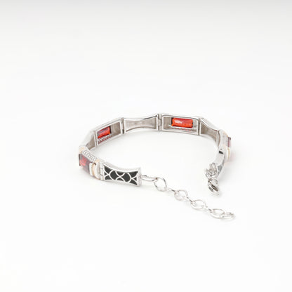Red link bracelet with hinged rectangular sections — reverse view — Kabluchka