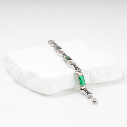 Green alpinite and clear cubic zirconia bracelet links — detail view — Kabluchka