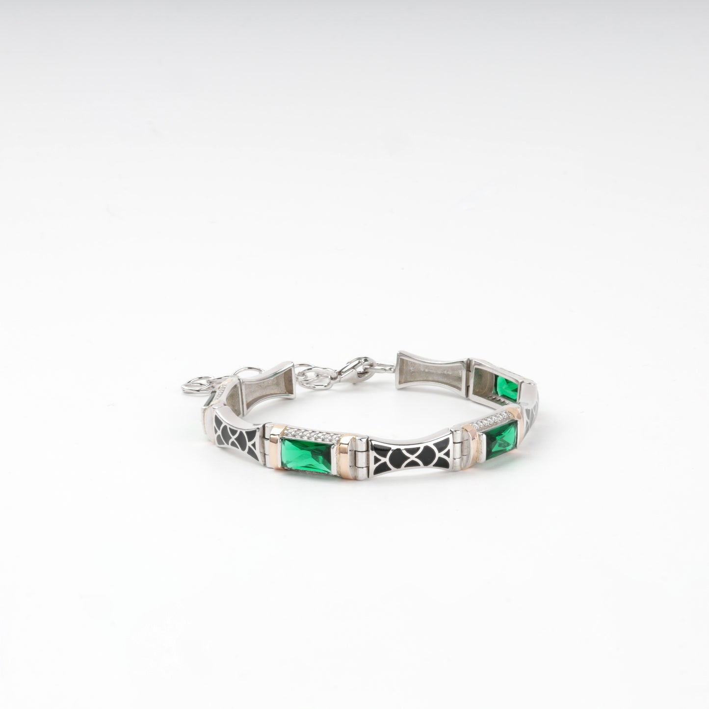 Rhodium-plated Silver 925 and Gold 375 green alpinite link bracelet — front view — Kabluchka