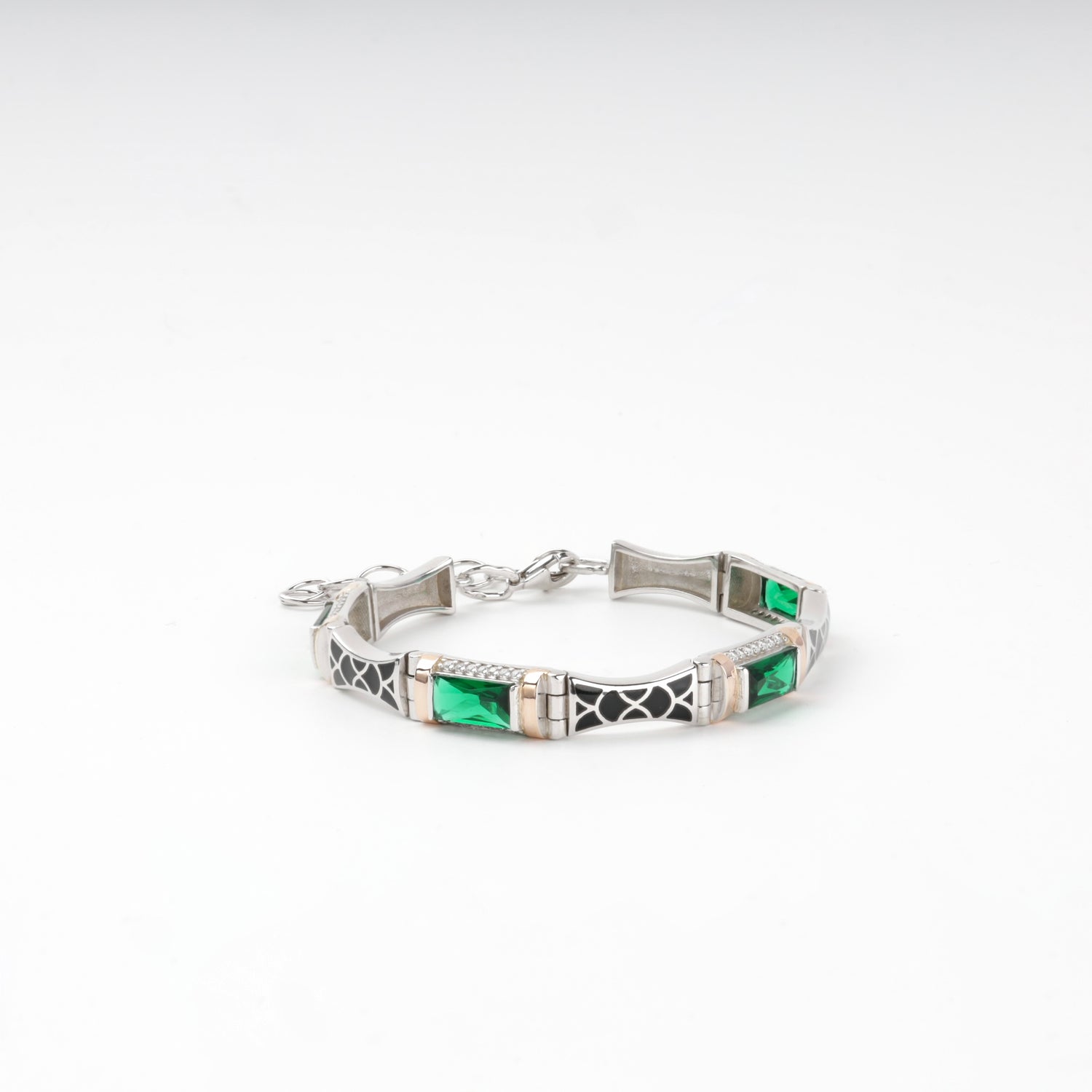 Rhodium-plated Silver 925 and Gold 375 green alpinite link bracelet — front view — Kabluchka