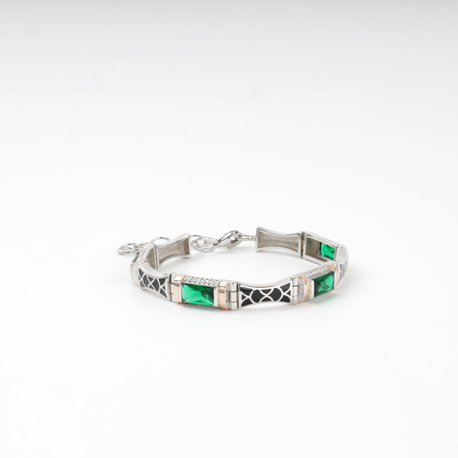 Rhodium-plated Silver 925 and Gold 375 green alpinite link bracelet — front view — Kabluchka