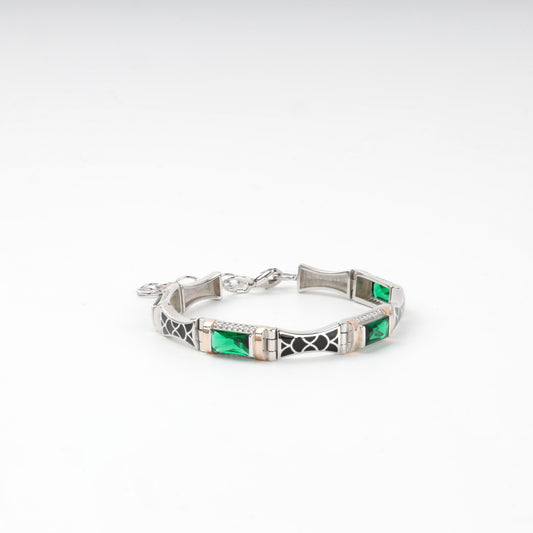 Rhodium-plated Silver 925 and Gold 375 green alpinite link bracelet — front view — Kabluchka