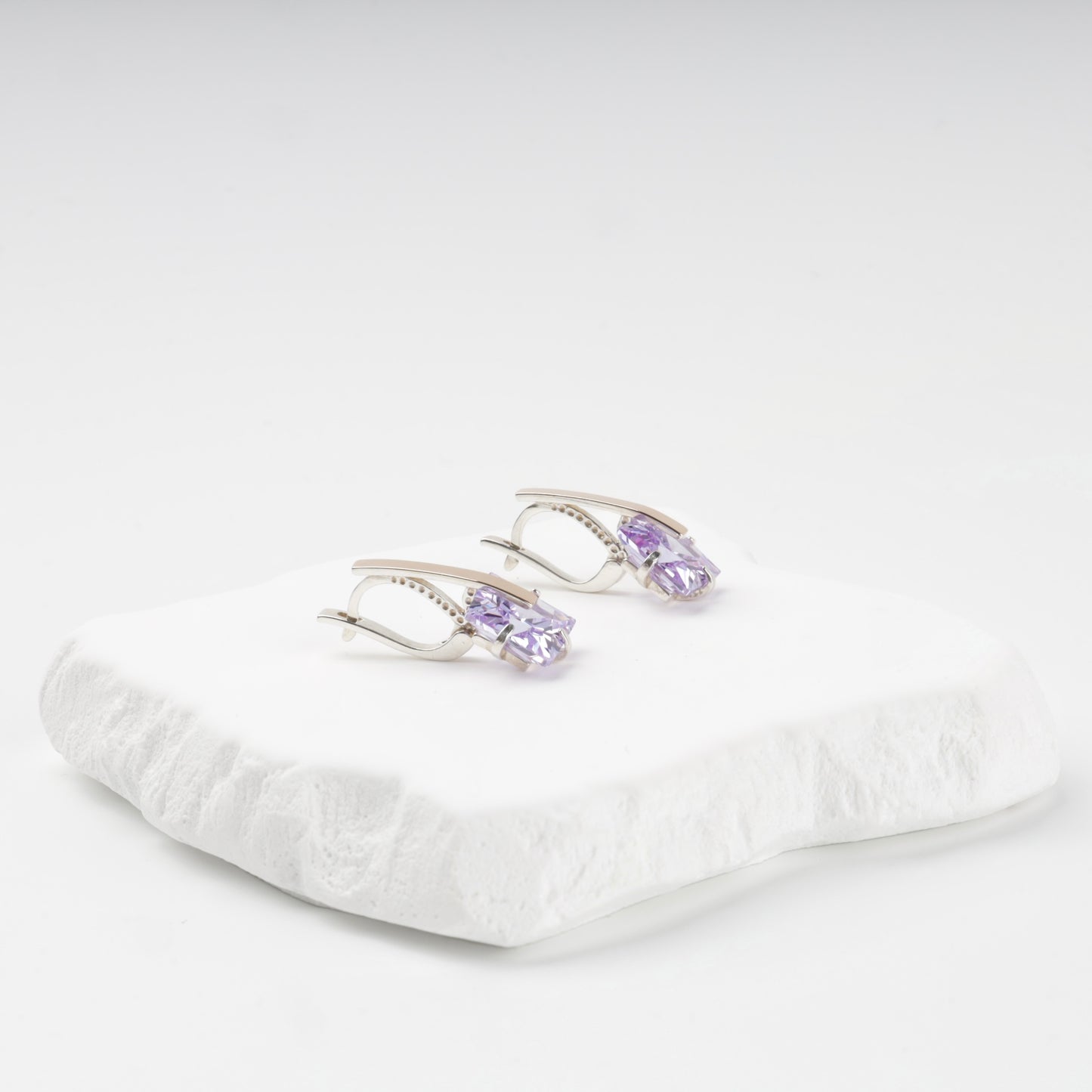 Purple cubic zirconia earrings with English locks — back view — Kabluchka