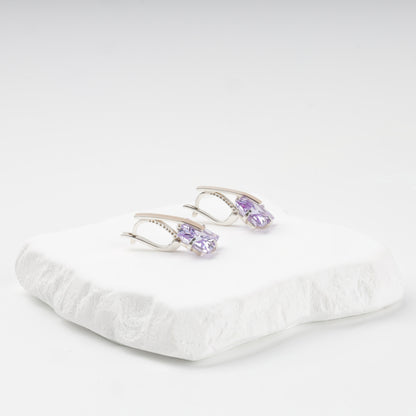 Purple cubic zirconia earrings with English locks — back view — Kabluchka