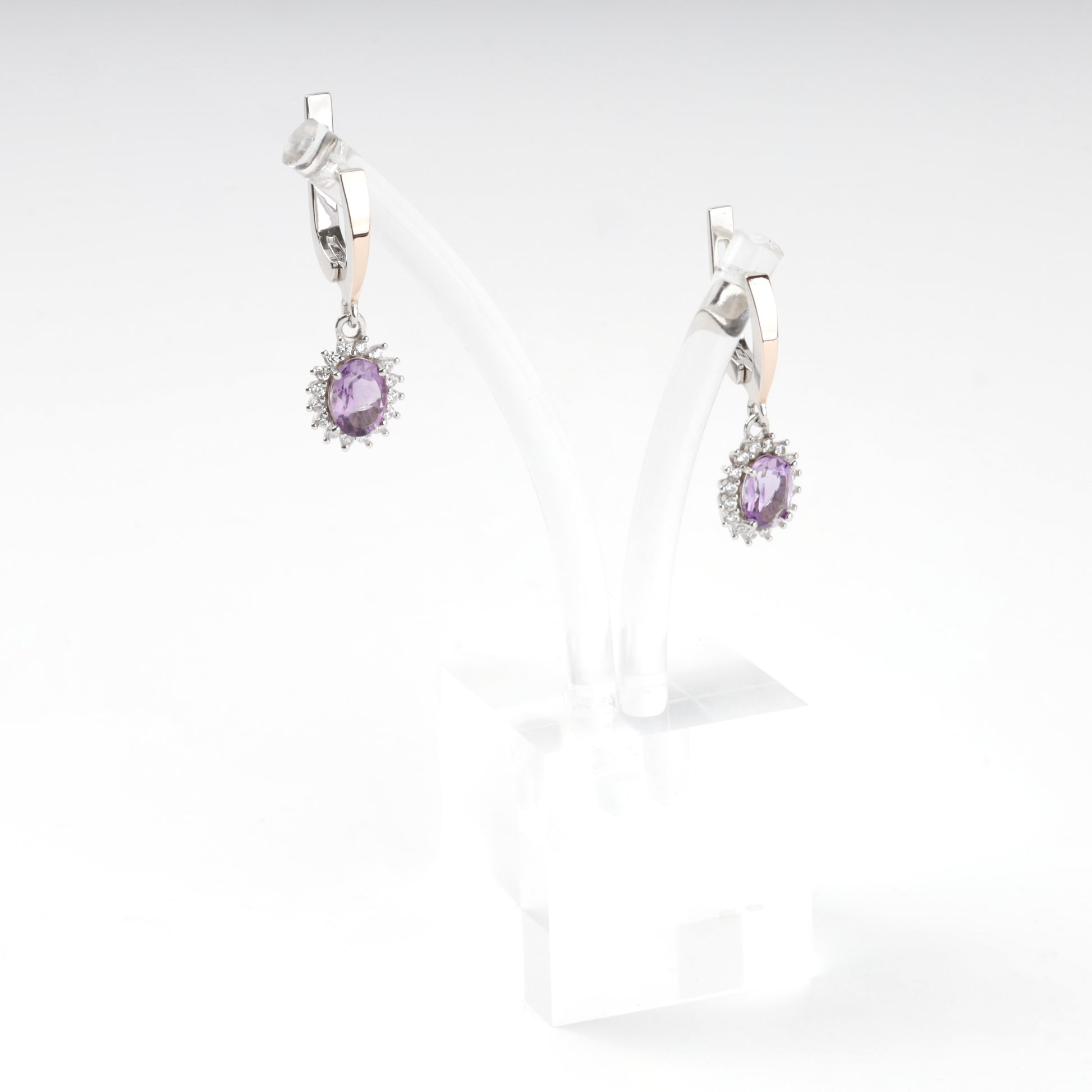 Oval purple amethyst earrings with cubic zirconia halos — Kabluchka Jewelry Store