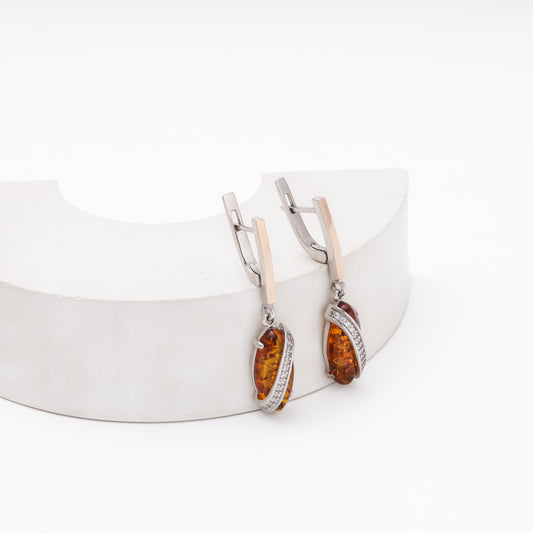 Silver 925 drop earrings with amber and CZ on half-round display — Kabluchka