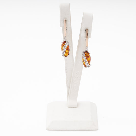 Silver 925 drop earrings with amber and CZ front view — Kabluchka