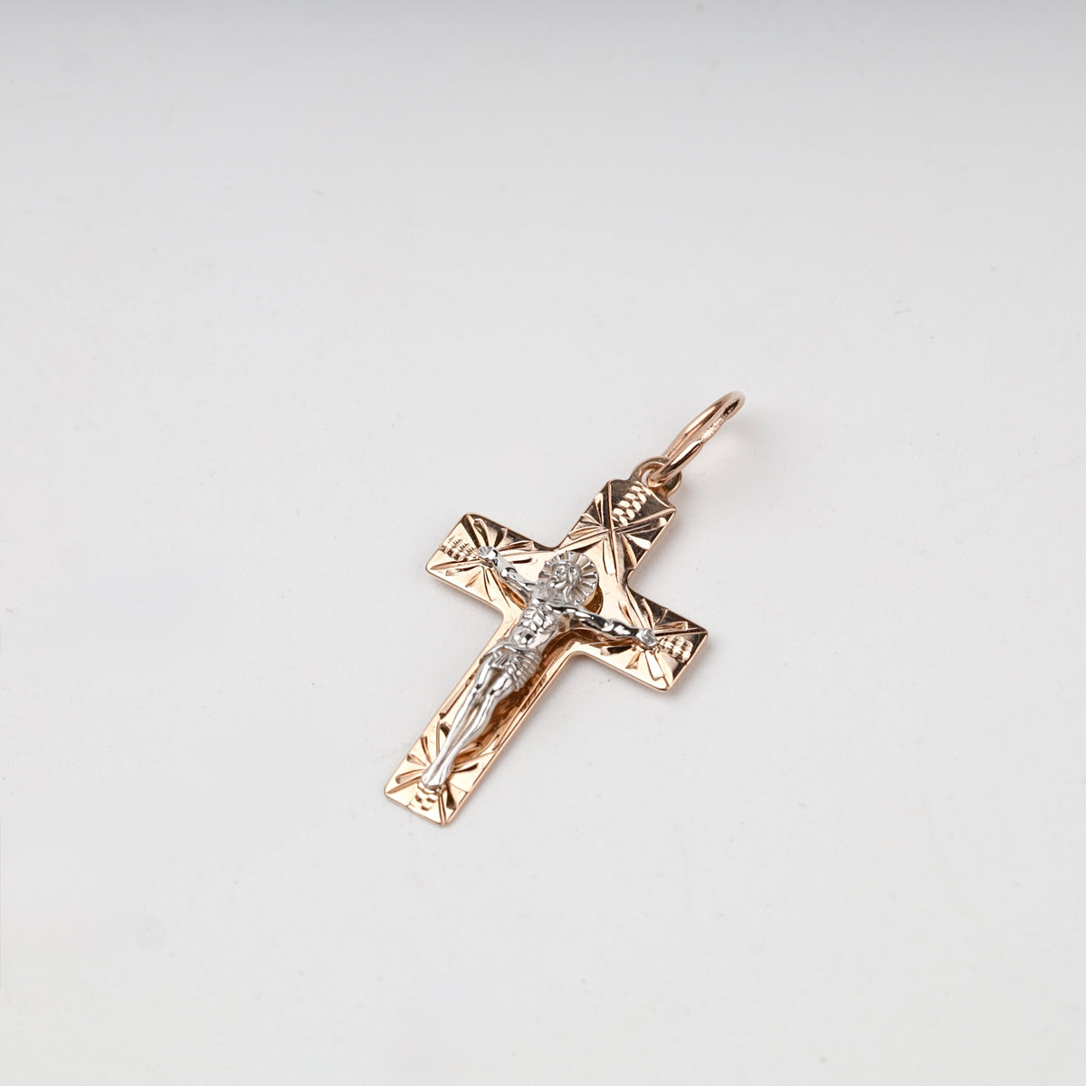 Two-Tone Gold 14K (585) Engraved Orthodox Crucifix Pendant, product view 1 — Kabluchka